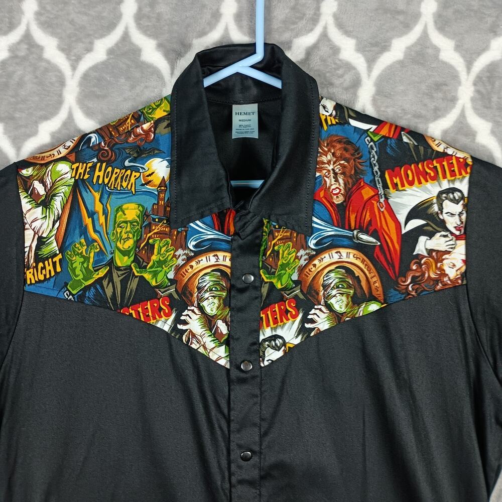 Hemet Shirt Men Medium Black Horror Comic Snap Short Sleeve Pearl Snap Western